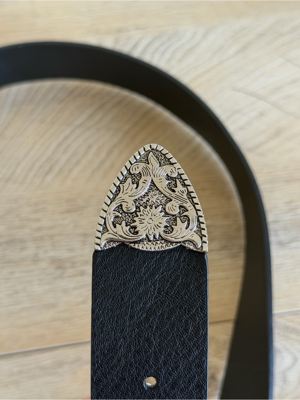 Women's Black Leather Belt with Ornate Silver Western Buckle - Picture 3 of 5